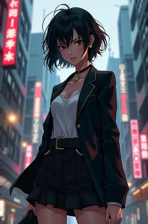 Tokio revengers, Female gender, slim, loose, short black hair, black eyes, has the Tokyo Manji uniform 