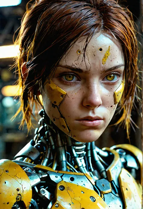 discarded android-cyborg girl, sad empty stare, filthy hair, perfect cracked face, perfect sad eyes, skin peeling off, damaged, broken android body, leaking oil, rusty yellow carapace parts with dirty cracks, mechanical cyborg joints, highly detailed, stro...