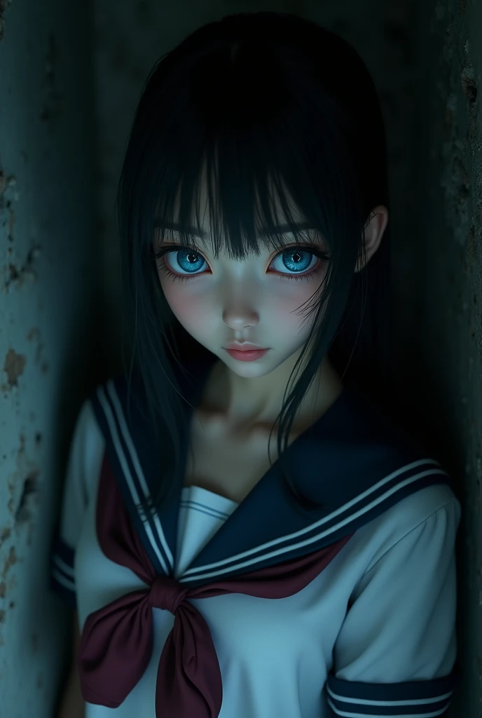 A Japanese woman, beautiful detailed blue eyes, beautiful detailed lips, extremely detailed eyes and face, long eyelashes, petite, innocent expression, school uniform, underground dungeon, (realistic, photo-realistic:1.37), 1woman, dark fantasy, dramatic l...