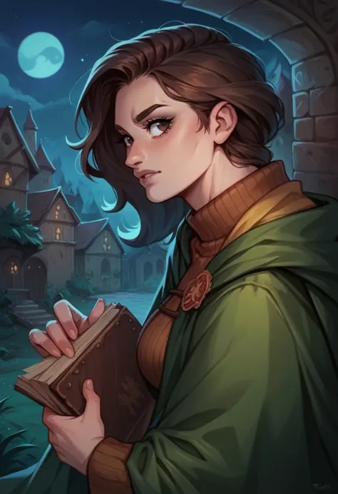 Dark brown eyes , girl , brunette , Slytherin , Hogwarts in the background, Night 