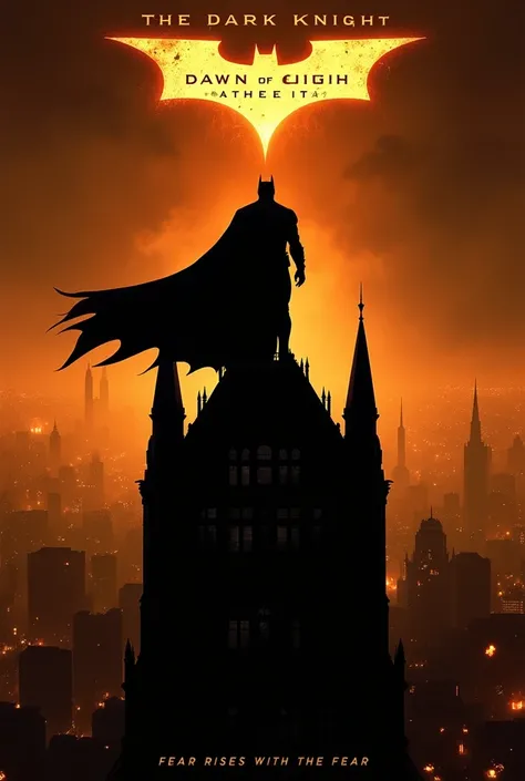 Title: "The Dark Knight: Dawn of Fear"

Visual Elements:
- A photorealistic image of Batman standing on top of a tall, gothic building, silhouetted against a glowing orange skyline.
- The city below is Gotham, with faint details of skyscrapers and dark all...