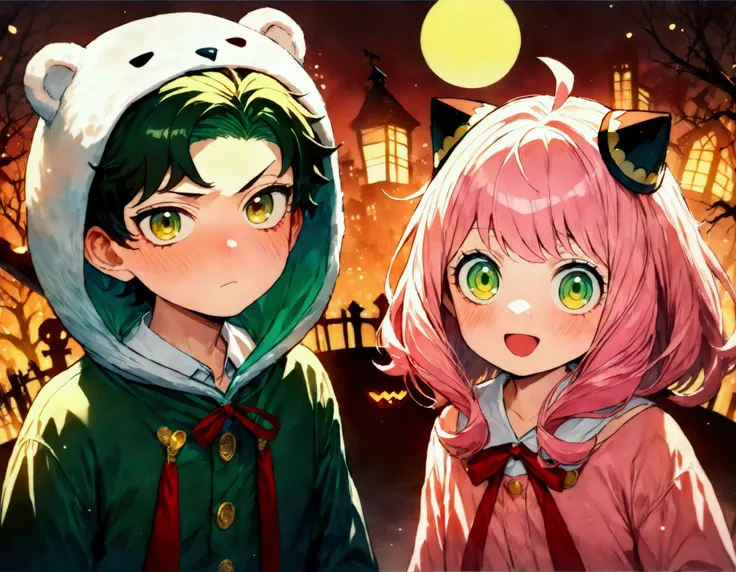 kids couple,Halloween,BREAK,(boy,damian desmond,spy x family,olive eyes,dark green hair,polar bear costume),BREAK,(girl,anya (spy x family),spy x family, yellow-green eyes, pink hair, wears wizards clothes),BREAK,anatomically correct,Halloween background,a...