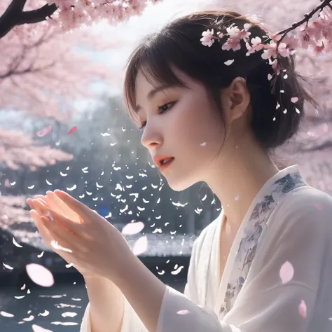 A split-screen image: on one side, a heartbroken Japanese student reaches out towards an empty space; on the other, her love interest fades away like mist. Translucent music notes carrying lyrics about unrequited love float between them. Sakura petals fall...