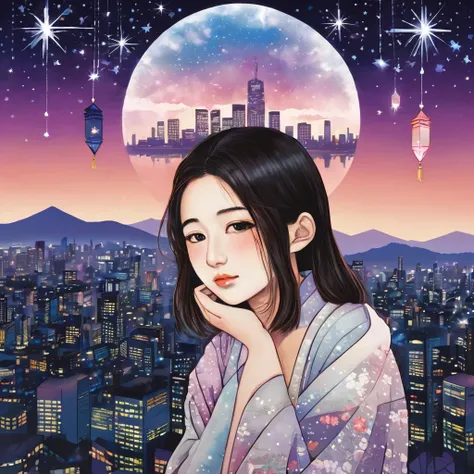 An artistic representation of a Japanese girls fractured heart, with each piece containing a different memory of her lost love. The background shows a cityscape at twilight, with twinkling stars forming the shape of her love interests face in the sky.