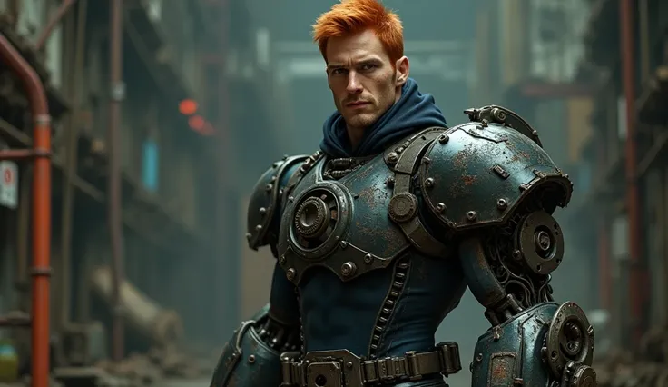 /imagine prompt: A dashing red-haired man, his right arm composed of an enormous mass of junkyard metal. The arm is a powerful assembly of discarded parts, gears, and wires, dwarfing his otherwise normal human frame. His confident gaze contrasts with the g...