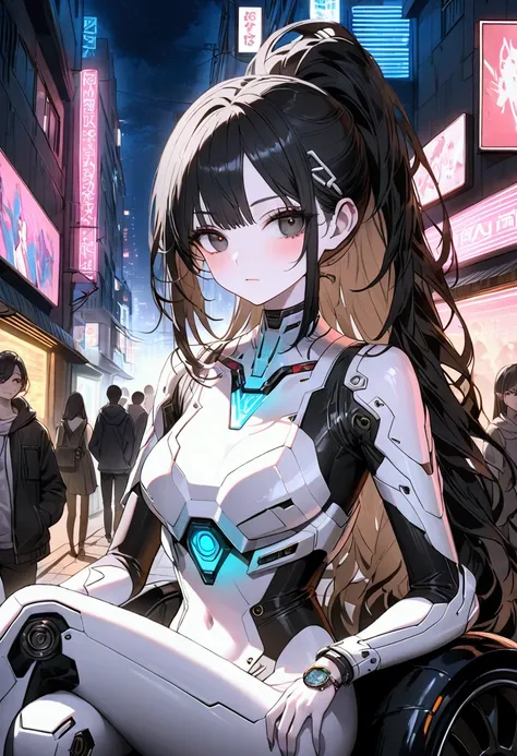 tall, slender woman, (168cm height:1.2), (black hair:1.2), long straight hair, high ponytail, (sharp V-shaped jawline:1.2), pale skin, (black eyes:1.1), almond-shaped eyes, defined eyebrows, BREAK sitting on futuristic black motorcyle, (motorcyle), hologra...