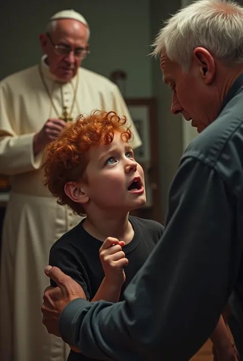 A  with red hair and a black t-shirt begging his dad not to hit his mom, realistic, the boy looking at the pope