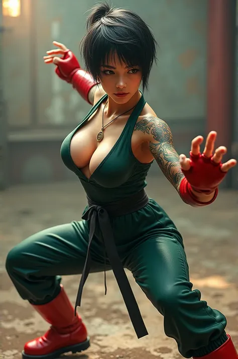 A woman, white, short black hair, shaved on one side, tattoos, red gloves, red boots, wearing a dark green jumpsuit, big breasts, delicate face and a courageous expression, very athletic body, full body, training Kung fu. Video game style.