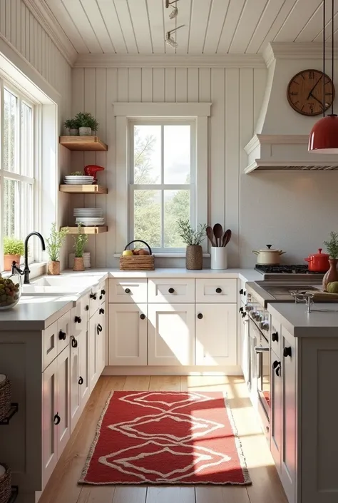 a close up of a kitchen with a rug on the floor, inspired by William Home Lizars, white plank siding, bright window lit kitchen, mix with rivendell architecture, house kitchen on a sunny day, clean and pristine design, by Lari Pittman, pristine and clean d...