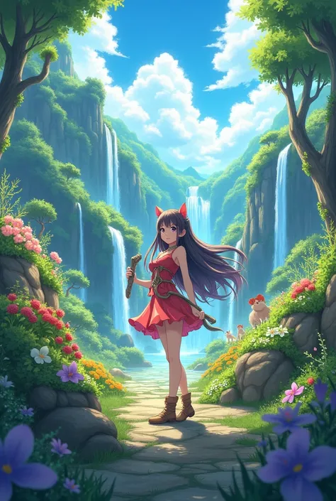 Anime art style, breathtaking masterpiece, intricately designed characters with vibrant hues, expressive eyes reflecting emotion, dynamic poses conveying energy and action, surrounded by a fantastical landscape filled with lush greenery and whimsical featu...