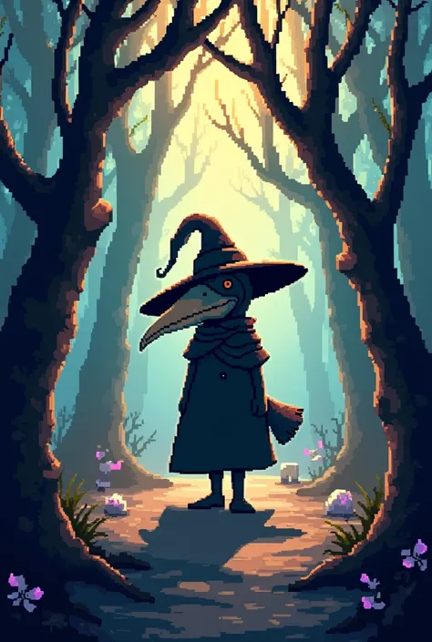 Anime art style, artistic masterpiece, pixelated scene brimming with personality, quirky character sporting a meticulously crafted plague doctor mask, oversized wide-brimmed hat casting playful shadows, characteristic beak extending dramatically, minimalis...