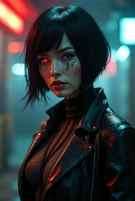 A middle-aged woman in her 40s, with jet-black hair cut into a sharp bob, partially concealing a facial tattoo that glows faintly. Her left eye is a crimson cybernetic implant, reflecting a cold intelligence. She wears a sleek, high-collared jacket made of...