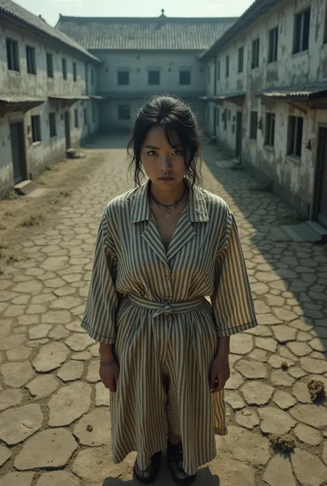 A Japanese is wearing long striped prisoner uniforms. Her long striped prision uniform looks old and untidy. She is farming in the prision field. The setting is in the old prision. You are looking her from the top. High Resolution, 1girl, Looking at viewer...