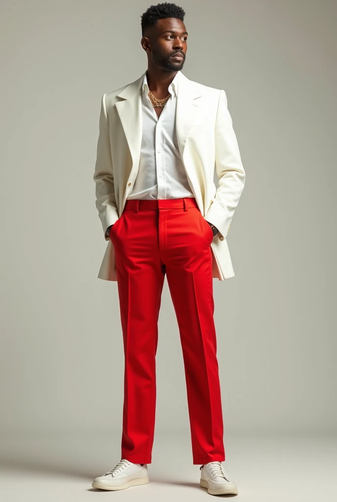 A man dressed in red pants, chemise blanche et une veste blanche 