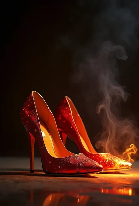 create an image of luxurious pointy high heels that symbolize the fire theme