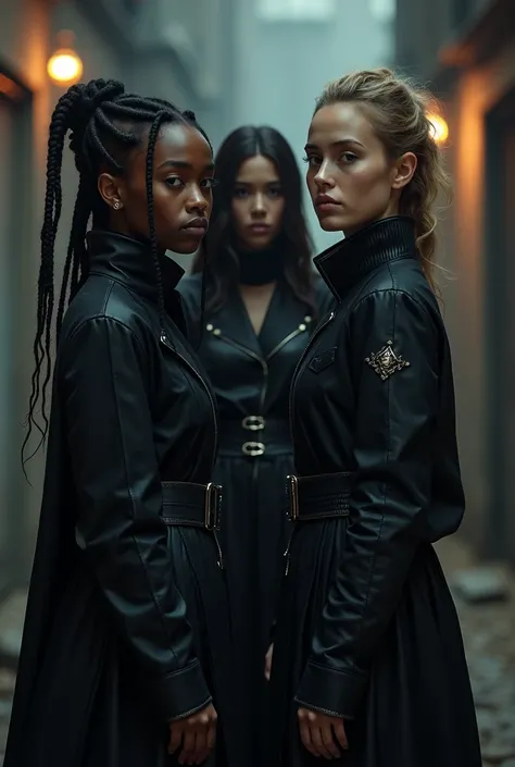 Make four teenage witches dressed in black with modern clothing: a dark-skinned one with African braids, another blonde and taller than the others, Another dark-haired Asian and one with light brown hair who is a little shorter.