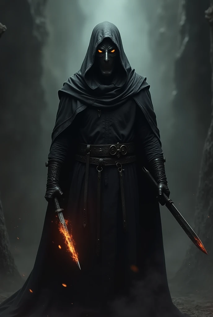 Fantasy RPG, medieval, Hooded man, black cover, wearing an iron mask that covers his entire face leaving only his eyes visible, medieval torture mask, mascarado, simple medieval torture iron mask, a crooked dagger glowing hot with fire in his right hand, t...