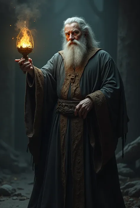 A bearded wizard holding a laprina, the wizard a little to the side and the lamp a little broken