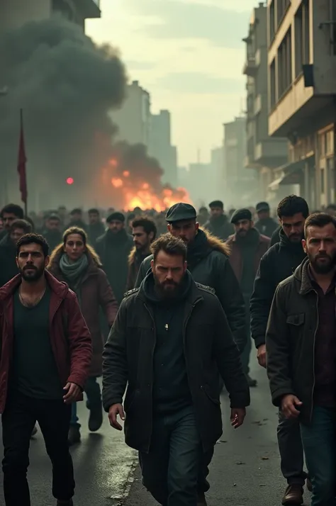 A tense and chaotic scene in Lebanon, showing people anxiously moving through the streets. The sky is dark with smoke from recent explosions, and the atmosphere is filled with fear. People are avoiding their phones, pagers, and walkie-talkies, looking susp...