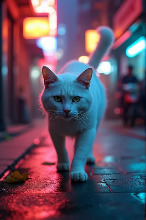 A white beautiful cat having green eyes walking on a kolkata street with neon light