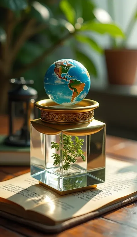 The beautiful surface of the water is in a pot made of gold on my desk. There is a square crystal with a small beautiful earth trapped inside.