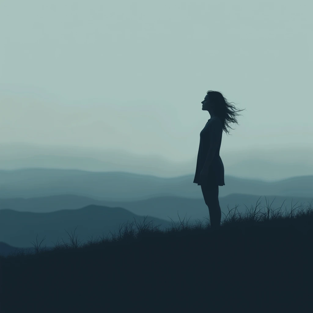 Person looking at the horizon in a reflective manner Silhouette of a woman Melancholic colors like light blue, gray, negro, NAVY BLUE
