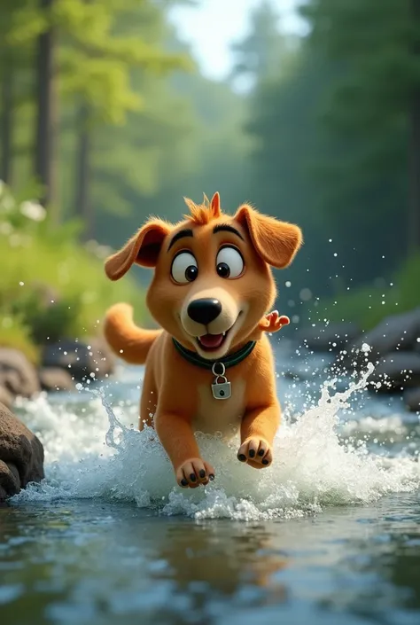 A 3d Pixar-style scene of Max the dog carefully crossing the stream with Luna the ginger kitten holding onto his back. Max the dog is focused and determined as the water rushes around him. Luna the kitten looks relieved but still holding on tight as they m...