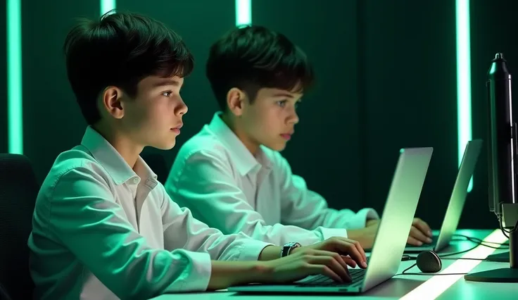 A hyper-realistic, 32K photo of a 2 boy sitting in front of a high-tech computer desk with a sleek microphone and a powerful laptop. He is wearing a white shirt, and his dark hair is styled perfectly. The background is a black-themed ultra-modern studio. T...