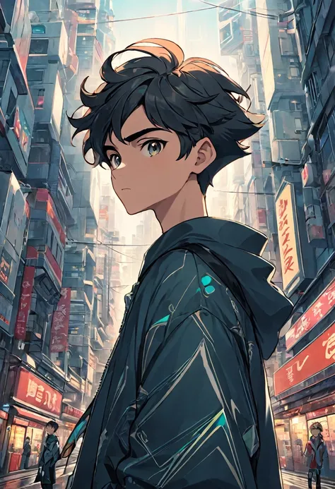 1boy, solo, , thick eyebrows, futuristic, city street, retro anime style, highly detailed