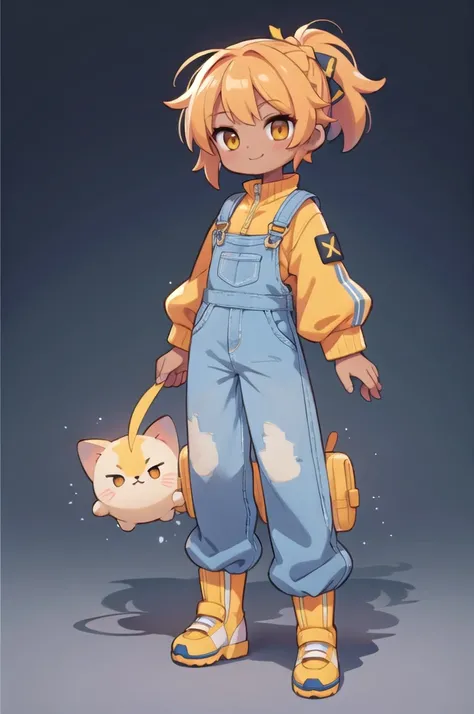 yellow magical girl, bright brown skin, busty, bright orange eyes, hair braided into a big long ponytail, hair color yellow, bright smile, clothes - dark overalls, inside the overalls a long white jacket, short sleeves of the overalls and long sleeves of t...