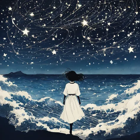 A striking visual of a Japanese students silhouette formed by a constellation of stars against the night sky. Within her outline, a turbulent ocean of emotions churns, with waves shaped like broken hearts and musical notes.