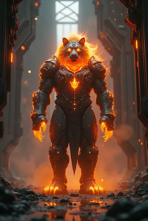 In a lion with fireface and shield body standing around in space ship