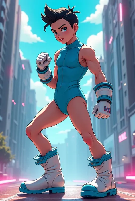 An anime boy with a pompadour wears a blue leotard and white boots with blue tips and white gloves.