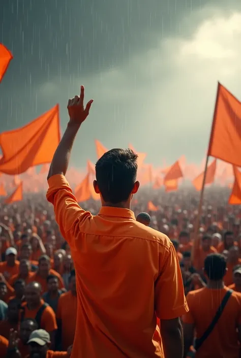 A large photo of a young political leader with a white back dressed in an orange shirt with a microphone in one hand and the other raised speaking to a huge and happy orange crowd with orange flags under a rain all very epic 