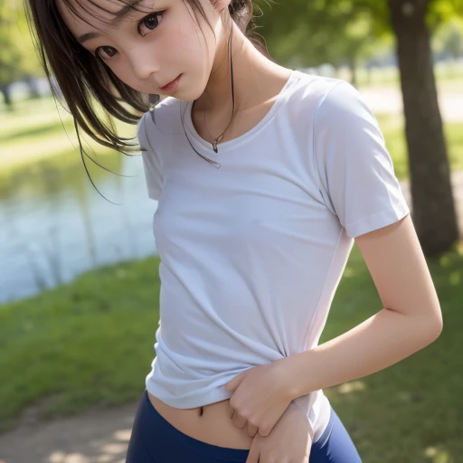 1 Realistic young japanese cute girl,a very cute japanese anorexic woman is standing by tree,wearing dark blue leggings,white t-shirt,lighe orange hoodies,around in park,4K, 8K, (Masterpiece, best quality:1.2),Very realistic eyes, perfect face,20years old,...