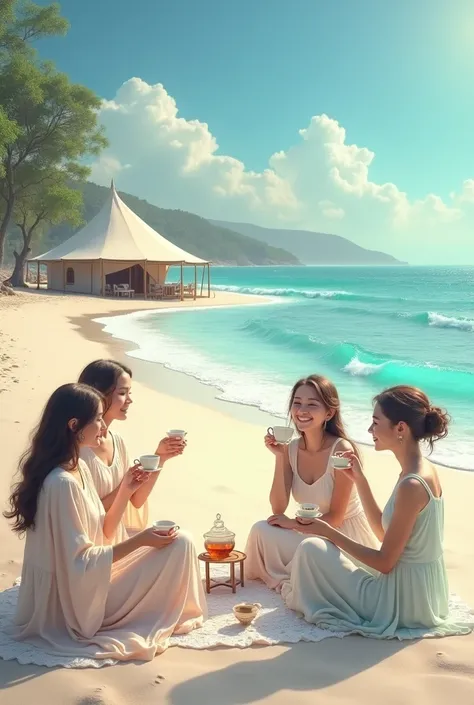 Beautiful beach with women cup of tea and 
tent House