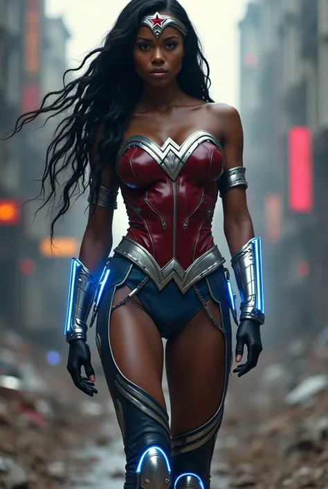 A beautiful black-skinned woman with long black hair braided in braids Sue Storm invisible Woman wearing a dark red leather suit combined with dark blue with silver flourescent highlights and silver metal bracelets black gloves (((Blue metal boots reaching...