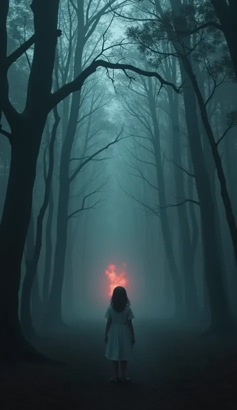 Scene: A terrified young girl, about , stands alone in a dense, dark forest. The trees loom menacingly around her, and a distant flicker of red flames can be seen approaching through the mist.
Mood: Suspenseful, eerie.
Character Focus: The girl, dressed in...