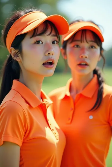 Orange golf suit, A look of surprise, 2 beautiful Korean woman, Upper body shots, Sun Visor, suprise