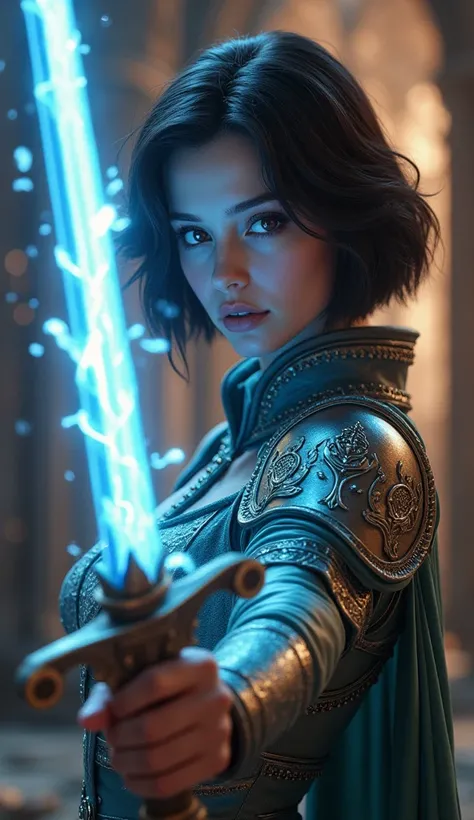 1girl, beautiful detailed eyes, beautiful detailed lips, extremely detailed face, longeyelashes, short dark hair, lightning sword, intricate detailed armor, intricate fantasy medieval dress, highly detailed ornate fantasy environment, chiaroscuro lighting,...