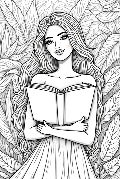 Enchanting woman, elegant silhouette, holding an open book, oversized leaves sprouting whimsically from pages, playfully draping over her face, surrounded by a vibrant array of lush tropical plants, large fronds unfurling and curling gracefully, whimsical ...