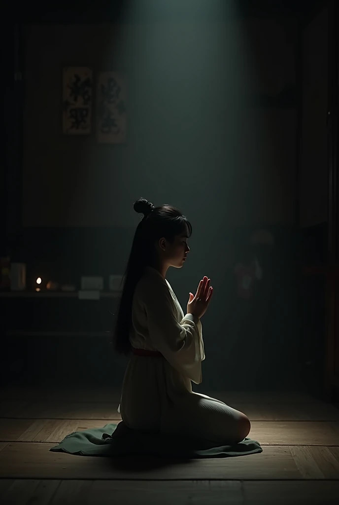 Korean woman praying on her knees in a dark room 