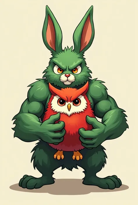 Create a green bunny with a tough face and white holding a red owl