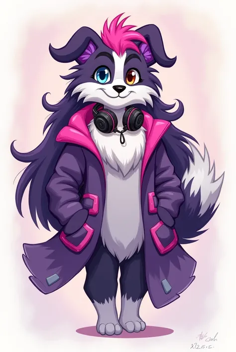 Vibrant purple fursona inspired by a border collie dog, charming woman character, head adorned in bright pink hue, flowing white and black hair cascading down elegantly, distinct purple floppy ears perked up in curiosity, captivating dual-colored eyes, one...