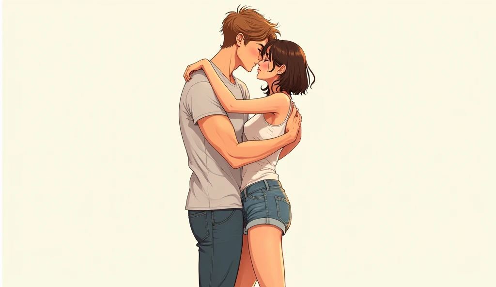 A manhwa couple, they are 1. The guy has light brown hair, and tall, He has a piercing in his ear and is athletic and is holding her legs and holding him all blushing, he is standing holding her. The girl has short hair and is wearing shorts.