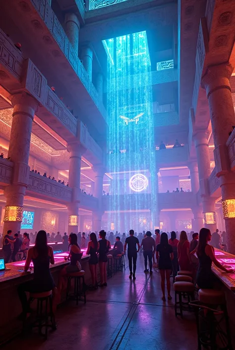 Cyberpunk Aztec club with neon lights 