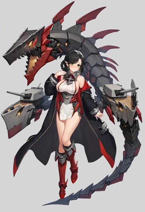 masterpiece, best quality,  beautiful thigh, beautiful skin, beautiful detailed eyes, extremely delicate and beautiful, 1girl, Anime girl, black hair, green eyes, short hair, hair braid, shy, nervous, busty, shipgirl, kanmusu, epicrigging, torpe, rigging, ...