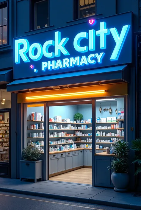 Create an image of a pharmacy office that sells various human medicines. Inside, show different types of medicines, and outside, on top of the office, write the name all capital latter"UTÖSI  PHARMACY ROCK CITY"in 3D letters with blue neon lights. The word...