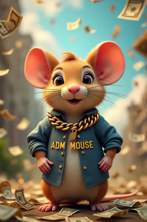 Create an image of a mouse with a gold chain and money falling from the sky and it wearing a shirt that says ADM mouse 