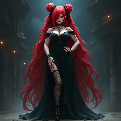 Goth, Looking at viewer, Absurdly Long Hair, Bright Red Hair, Hair Over One Eye, Space Buns, Large breasts, Earrings, Blush, Teeth, Fangs, Makeup, Hair Ribbon, Hair Bow, Long Black Gothic Dress, Stockings, Black High Heels, Nervous, Standing, Long Legs, Ti...